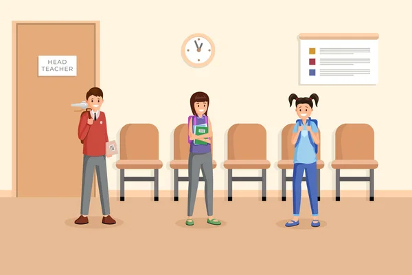 Teman sekolah pada waktu istirahat vektor gambar. Murid lucu dengan alat tulis dan ransel, berdiri di koridor sekolah karakter kartun. Anak-anak sekolah yang ceria menunggu di kantor kepala sekolah — Stok Ilustrasi Teman sekolah pada waktu istirahat vektor gambar. Murid lucu dengan alat tulis dan ransel, berdiri di koridor sekolah karakter kartun. Anak-anak sekolah yang ceria menunggu di kantor kepala sekolah Stok Vektor Bebas Royalti