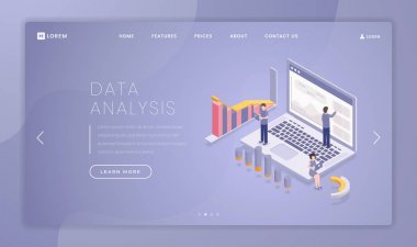 Finansal veri analizi açılış sayfası şablonu. Borsa ticaret web sitesi ana sayfa arayüzü fikir izometrik çizimler ile. Profesyonel iş araştırma web afiş, web sayfası karikatür kavramı
