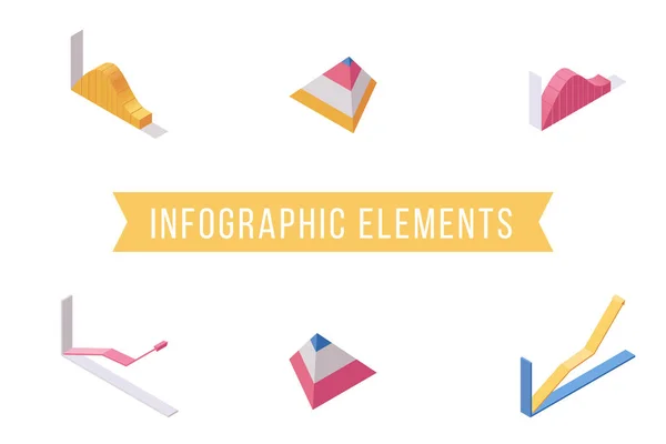 Elementos infográficos set de ilustraciones isométricas planas. Gráficos económicos, línea creciente y diagrama de pirámide paquete de iconos vectoriales 3D. Análisis de negocio, análisis de mercado, visualización de datos estadísticos — Vector de stock