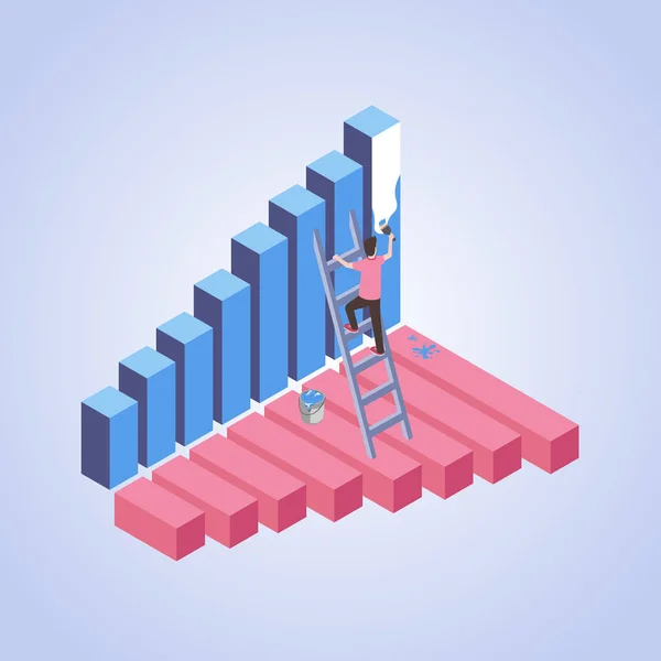 Man målning stapeldiagram isometrisk illustration. Företags arbetare, affärsman, målare stående på stege med pensel 3D tecknad figur. Ekonomiska data, analys av företagsstatistik metafor — Stock vektor