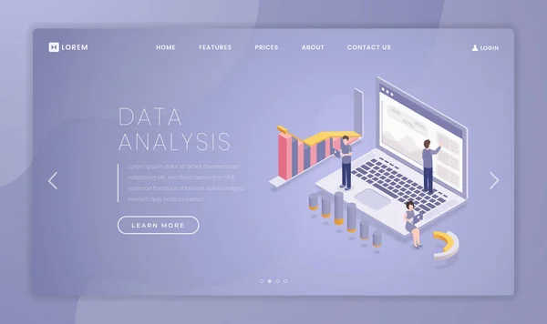 Plantilla de landing page de análisis de datos financieros. Idea de interfaz de página web de trading bursátil con ilustraciones isométricas. Banner web de investigación empresarial profesional, concepto de dibujos animados de página web — Vector de stock