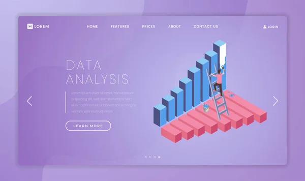 Vektor mal len för affärsanalys målsida. Finansiell kompetens utbildning hemsida gränssnitt idé med isometriska illustrationer. Data analystjänst webbbanner, webbsida Cartoon Concept — Stock vektor