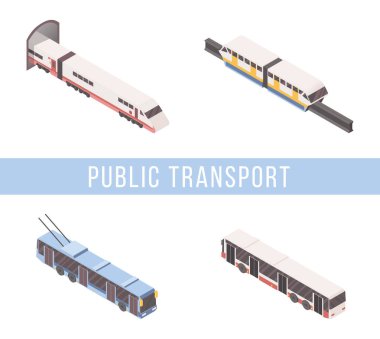 Toplu taşıma isometrik vektör afiş şablonu. Tramvay, metro treni, yolcu otobüsü ve troleybüs 3d çizimler tipografi ile ayarlayın. Şehir içi ulaşım sektörü, kentsel seyahat hizmeti konsepti