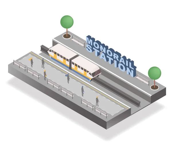 Монорельсовая станция изометрический векторный шаблон баннера. Пассажиры, ожидающие на платформе, трамвае и деревьях 3D иллюстрации с надписью. Элемент городской архитектуры, общественный транспорт, туристическая концепция города — стоковый вектор