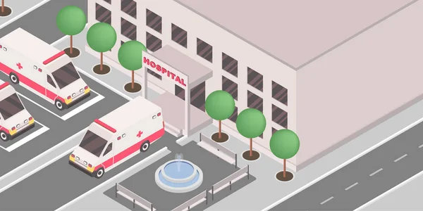 Kliniek exterieur isometrische vector illustratie. 3D ambulance auto's buiten de medische instelling, ziekenhuisgebouw gevel. Nooddienst, EHBO-voertuigen op lege straat, in de gezondheidszorgsector — Stockvector