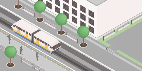 Monorail station isometrisk vektor illustration. Modern Urban Railway, Express City Travel Service, kollektivtrafik företag, järnvägstransport. Människor på plattformar väntar lätt järnväg — Stock vektor