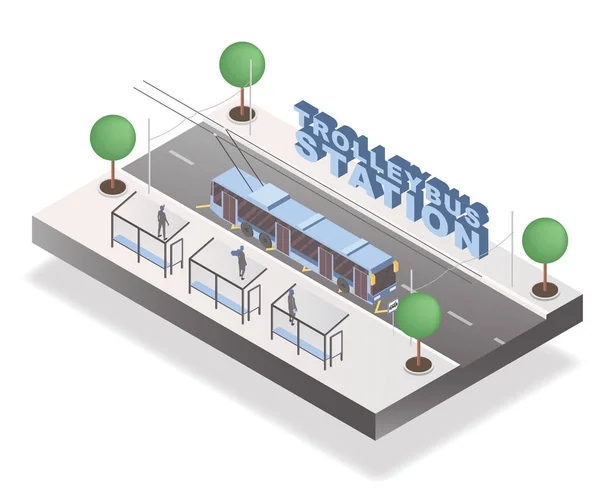 Estação de Trolleybus modelo de banner isométrico. Passageiros na calçada esperando ônibus ilustração vetorial 3D com letras. Elemento de arquitetura urbana, serviço de transporte público, conceito de viagem à cidade —  Vetores de Stock