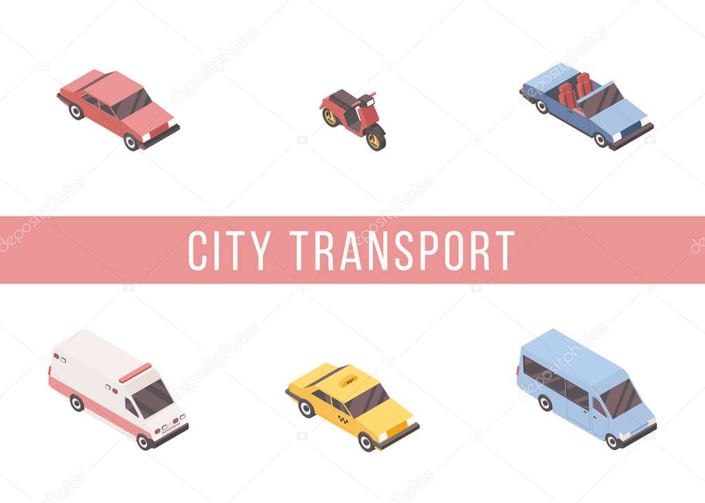Urban transport isometric vector banner template. Passenger cars, scooter, taxi cab and ambulance 3D illustrations with typography. Personal and commercial vehicles, city travel poster concept