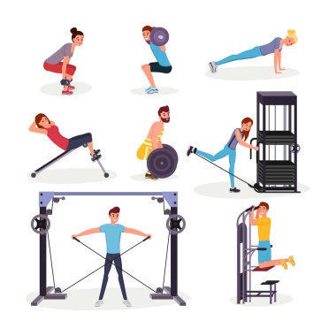 Spor egzersizleri düz vektör çizimler ayarlayın. Neşeli genç sporcular ve sporcular çizgi film karakterleri üzerinde çalışıyorlar. Fitness merkezi, spor salonu egzersiz, kollar, bacaklar ve sırt kasları fiziksel eğitim