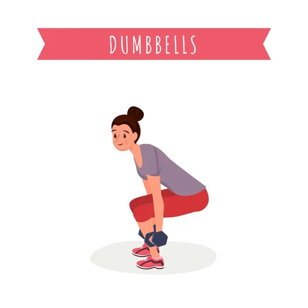 Latihan dengan dumbbells gambar vektor datar. Wanita tersenyum dalam pakaian olahraga, pelatih kebugaran melakukan karakter kartun sit up. Lengan dan otot punggung pelatihan, gaya hidup sehat, banner angkat besi - Stok Vektor