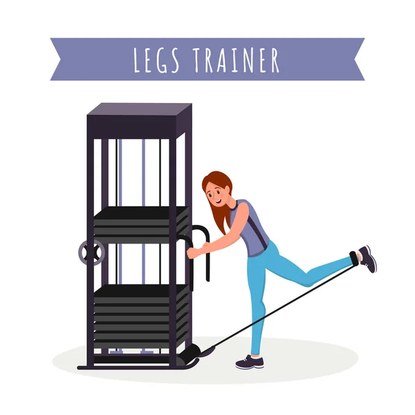 다리 훈련 장치 플랫 벡터 그림입니다. 여성 피트니스 트레이너, 체육관 장비 만화 캐릭터와 운동 선수. 체육 운동, 건강한 라이프 스타일, 보디 빌딩 배너 — 스톡 벡터