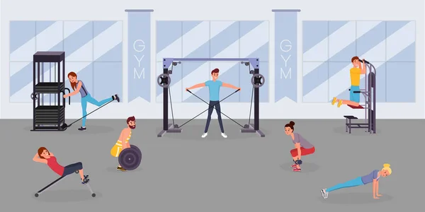 Fitness merkezi egzersiz düz vektör illüstrasyon. Mutlu sporcular, spor aletleri çizgi film karakterleri ile spor eğitimi. Spor kulübü iç, sağlıklı yaşam tarzı, vücut geliştirme faaliyetleri — Stok Vektör