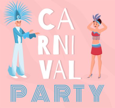 Kanarya karnaval parti afiş vektör şablonu. Güzel kostümleri çizgi film karakterleri neşeli adam ve kadın. Geleneksel güney Amerika festivali, Santa Cruz de Tenerife kültürel etkinlik afiş düzeni