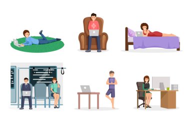 Freelancers düz tasarım karakterleri vektör seti. Dış kaynak işçileri parkta dizüstü bilgisayar kullanarak, karikatür illüstrasyonlar taşıma. Tasarımcılar, evde çalışan programcılar, mesafe işi, uzaktan çalışma renk kavramları
