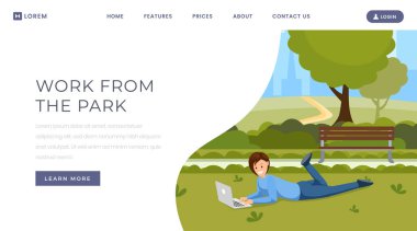 Park açılış sayfası şablonundan çalışma. Online iletişim, mesafe iş, uzak iş web sitesi ana sayfa tasarım düzeni. Kadın serbest, park renkli çizgi film karakteri çim dizüstü bilgisayar ile tasarımcı