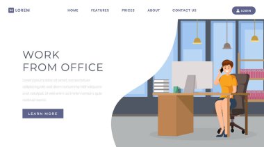 Ofis açılış sayfası şablonundan çalışma. Kişisel asistan, sekreter boş, iş pozisyonu web sitesi ana sayfa tasarım düzeni. Kadın, yönetici ofis renk çizgi film karakteri bilgisayar ile çalışan