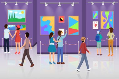 Sanat galerisi vektör illüstrasyon ziyaretçiler. Modern resimlerin tadını çıkaran, çizgi film karakterleri fotoğraf çeken insanlar. Romantik çift müzede kalma, anne ve oğlu soyut resimlerbakarak