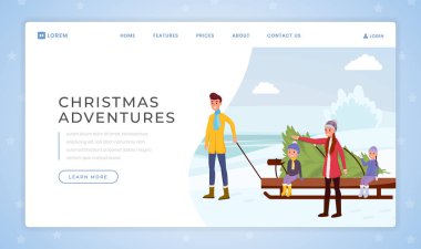 Noel macera açılış sayfası vektör şablonu. Düz resimler ile Kış geleneği web sitesi ana arayüzü fikir. Aile satın alma köknar ağacı, mutlu yeni yıl, xmas web banner karikatür kavramı
