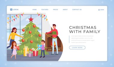 Aile açılış sayfası şablonu içeren tatiller. Düz vektör çizimler i Aile dekorasyon köknar ağacı, neşeli noel web afiş karikatür kavramı