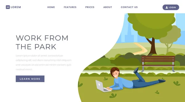 Arbeit von Park Landing Page Template. Online-Kommunikation, Fernarbeit, Webseitengestaltung. Freiberuflerin, Designerin mit Laptop auf Gras in Parkfarbe Cartoon-Figur — Stockvektor