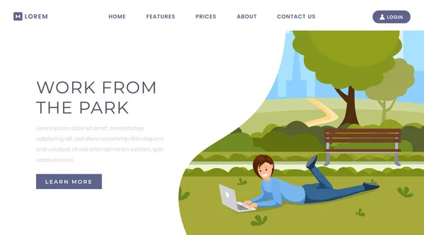 Arbeta från mall för landningssida för Park. Online-kommunikation, distans jobb, distansarbete hemsida design layout. Kvinnlig frilansare, designer med laptop på gräs i Park färg seriefiguren — Stock vektor