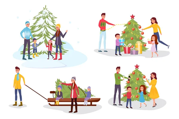 Christmas celebration vector illustrations set. Cheerful parents and little kids in warm clothes cartoon characters. Happy families buying and decorating fir trees together, winter holiday tradition — Stock Vector