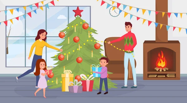 Rodina oslavuje vánoční vektorovou ukázku. Rodiče a malé děti v obývacím pokoji kreslené postavy. Matka a otec vyzdobují jedle, děti držící dárky, nový rok, tradici vybavuju — Stockový vektor