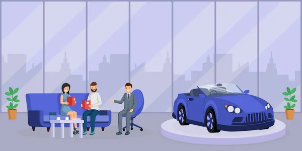 Concesionario de coches consulta ilustración vector plano. Feliz pareja joven, clientes y vendedor amigable discutir la compra de personajes de dibujos animados. Vendedor consultor que ofrece a los clientes contrato de préstamo de automóviles — Vector de stock