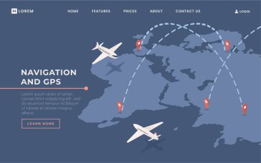 Ticari havayolları iniş sayfası şablonu. Havayolu taşımacılık endüstrisi web sitesinin ana sayfa arayüzü fikri izometrik illüstrasyonla birlikte. Lojistik ve navigasyon web pankartı 3 boyutlu çizgi film kavramı