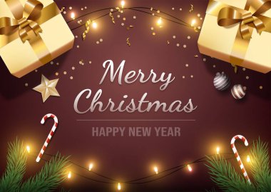 Mutlu noel tebrik kartı vektör şablonu. Mutlu yeni yıl kartpostalları, bayram afişleri ve bayram dilekleri. Xmas dekorasyonları ve tipografi ile gerçekçi illüstrasyonlar sunar