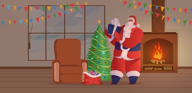 Noel Baba düz vektör çizimini ziyaret ediyor. Yaşlı sakallı adam, Noel ağacı altında kırmızı kostümlü Xmas sembolü bir karakter. Kış mevsimi şenlik havası şömineli, çelenkli rahat bir odada