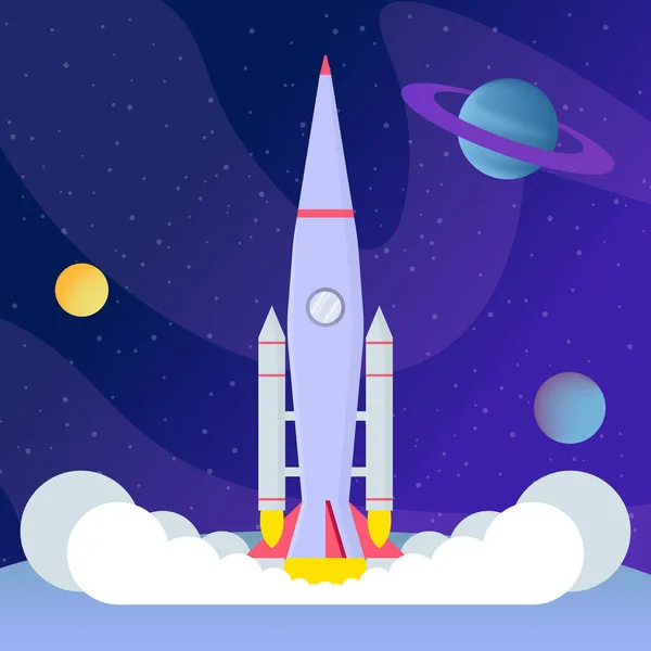 Rocket takeoff, landing flat vector illustration. Cosmos exploration program, space expedition, interstellar travel, cosmology cartoon concept. Spacecraft on planet surface, spaceship startup — Stock Vector