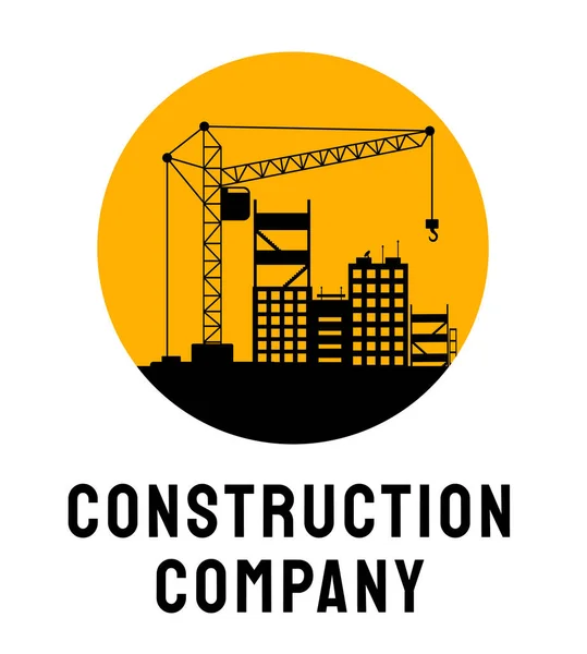 Baufirma Service Logo Vektor-Vorlage. Architekturbüro, Wohnbebauung Plakatgestaltung. Gebäude im Bau und Silhouette des Schwerlastkrans mit Typografie — Stockvektor