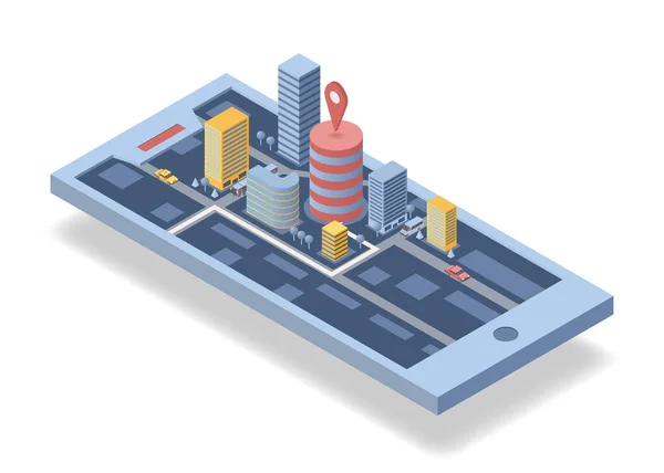 Aplicativo de navegação móvel ilustração vetorial isométrica. Aplicativo GPS, negócios de viagens pela cidade, serviço de entrega de táxi expresso conceito de desenho animado 3D. Mapa urbano, edifícios e veículos na tela do smartphone —  Vetores de Stock