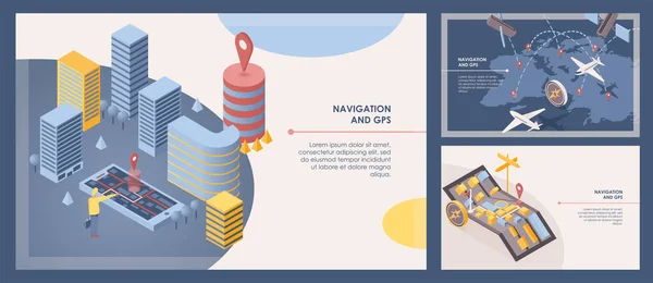 Sistema de plantillas de vector de banner de software de navegación. Aplicación GPS móvil, tecnología de posicionamiento inteligente diseño de carteles publicitarios. Mapas e ilustraciones isométricas de transporte con espacio de texto — Vector de stock