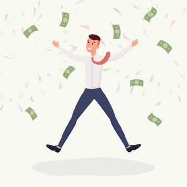 Delighted honorarium male payee vector character. Happy jumping young man, successful businessman having good deal flat illustration. Lucky and profit, cash prize, lottery jackpot concept clipart