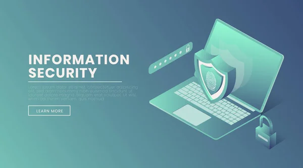 Información seguridad landing page vector plantilla. Acceso protegido a la cuenta, escáner de huellas dactilares, página web de contraseñas, diseño del sitio web. Ilustración isométrica de seguridad de datos confidenciales — Vector de stock