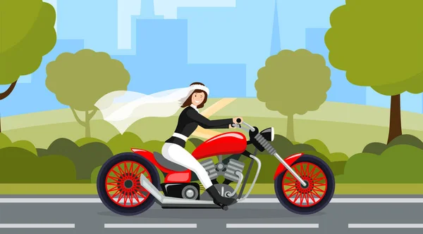 Bride andar de moto de caráter plano. Dia do casamento, preparação do casamento, procissão nupcial, sessão fotográfica da auto-estrada. Feliz noiva dirigindo rápido em cityscape fundo desenho animado vetor ilustração — Vetor de Stock