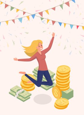Joyfully jumping money owner vector character. Happy woman, cash prize winner, honorarium payee cartoon illustration. Lottery jackpot, successful female millionaire, fortune and revenue concept clipart