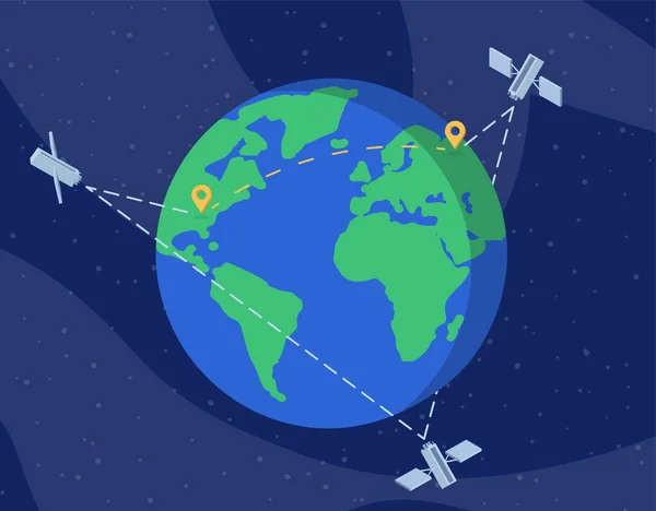 Küresel uydu ağı düz vektör çizimi. Uluslararası iletişim teknolojisi, kablosuz bilgi aktarım çizgi film kavramı. Telekomünikasyon ekipmanları, uzay sondaları ve gezegen — Stok Vektör