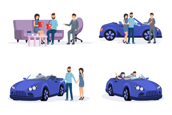 Proceso de compra de automóviles pasos ilustraciones conjunto. Sonriente pareja joven, clientes y personajes de dibujos animados agente minorista. Consultar con el vendedor, realizar un trato, comprar y conducir un coche nuevo — Vector de stock