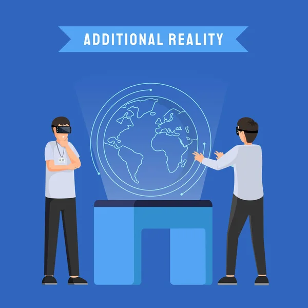 Realidade adicional modelo de banner de mídia social. Inovação em negócios e educação, tecnologia moderna. Colegas usando óculos AR, homens em fones de ouvido VR ilustração vetorial plana com tipografia — Vetor de Stock