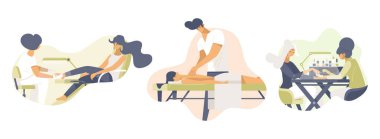 Güzellik hizmetleri düz vektör çizimleri ayarlandı. Spa salonu çalışanları ve müşteriler çizgi film karakterleri. Profesyonel pedikür, masaj ve manikür, beyaz arka planda izole edilmiş cilt bakımı prosedürleri.