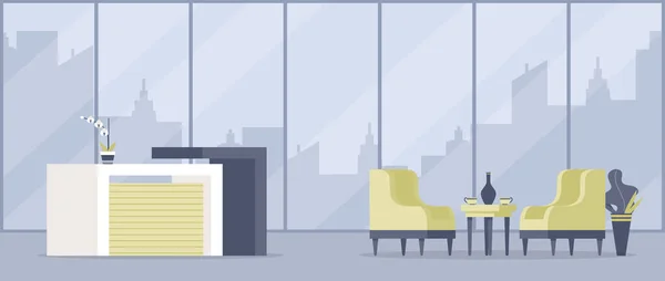 현대의 아파트는 평면 벡터 삽화를 제공 한다. 사람 이 없는 텅 빈 거실, 고급 호텔의 내부 장식. 편안 한 가구, 아늑 한 안락의자, 꽃병 이 있는 코 오피 상 — 스톡 벡터