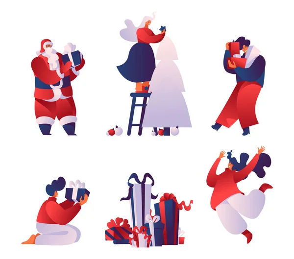Рождественские праздники плоские векторные иллюстрации набор. Мультфильм Санта-Клаус с подарочной коробке изолированы на белом фоне. Веселые люди украшают елку, дарят и получают подарки персонажи упаковки — стоковый вектор