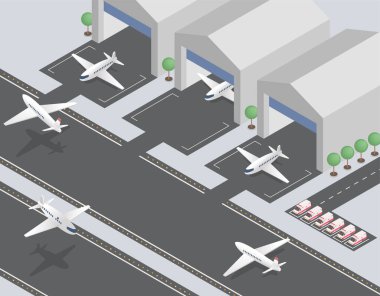 Ayrılıyorum, gelen uçaklar izometrik vektör çizimi. Sivil havacılık, yolcu taşımacılığı endüstrisi, ticari havayolları. Modern havaalanı, uçak ve ambulans arabalı havaalanı pisti.