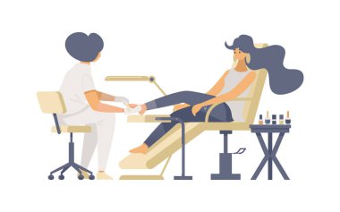 Profesyonel pedikür prosedürü düz vektör çizimleri. Kadın pedikür uzmanı ve genç moda salonu müşterisi çizgi film karakterleri. Güzellik salonu servisi, kozmetoloji dekoratif tasarım elementi