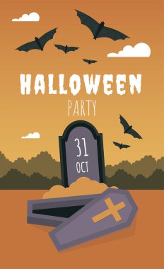 Cadılar Bayramı partisinin düz poster şablonu. Mevsimlik gelenek, sonbahar bayramı kutlamaları reklam broşürü, broşür konsepti. Açık tabut çizimi ve tipografisi olan ürkütücü mezar taşı.