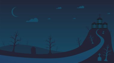 Lanetli eski malikane düz vektör çizimi. Korkunç antik tepe evi, karanlık cadılar bayramı gecesi, ürkütücü gotik binaya giden boş yol. Ürkütücü film, gerilim sahnesi, korku temalı arka plan