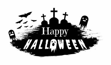 Lanetli mezarlık silueti vektör çizimi. Sezonluk tebrik kartı tasarımı unsuru, grunge banner konsepti. Siyah ve beyaz hayaletler ve Cadılar Bayramı tipografisi olan mezar taşları.